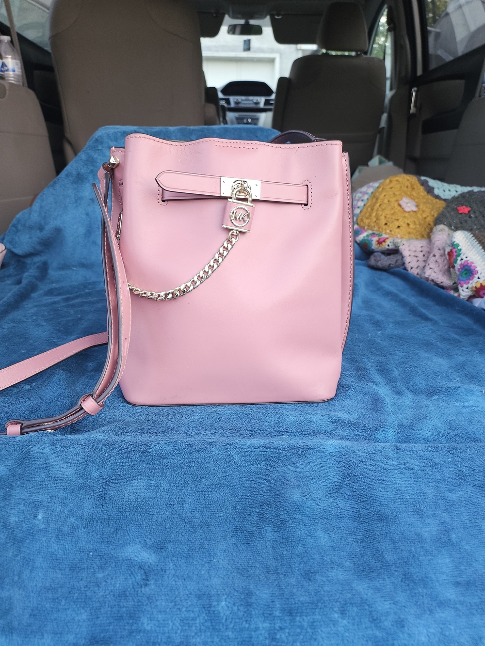 Michael Kors Pink Leather Bucket Crossbody with Gold Chain